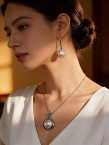 1 Conjunto de Brincos e Colar de Joia com Pérolas Falsas em Aço Inoxidável para Mulheres, Brincos e Colar de Festa de Estilo Personalizado e de Luxo no Estilo Ins, Sem Caixa de Presente - Prata - Visão 7