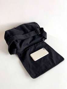 Vintage Minimalist Versatile Flap Shoulder Bag, Thick Washed Canvas Bag, Casual Versatile Large Capacity American Messenger Bag, College Style Japanese University Student Schoolbag, Short Trip Travel Bag, Simple Street Cloth Bag, Black Crossbody Bag , Old Money - 黑色 - 查看 4