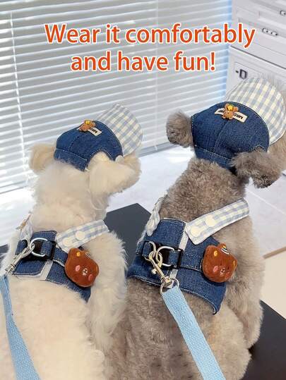 Dog Harness And Leash Set, Dog Vest, Leash, And Hat - Featuring Cute 3d Bear Decorations, Pet Walking Outfit,Pet Supplies. Perfect For Outdoor Walks, Pet Parties, Photo Props, And Pet Birthdays, It's An Excellent Gift For Pet-Owning Friends And Family.