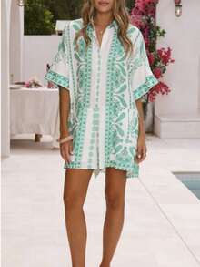 Bộ jumpsuit nữ màu xanh bạc hà thanh lịch và thoải mái với họa tiết paisley, tay áo cánh dơi rộng rãi, eo thắt, kiểu dáng nghỉ mát mùa hè. - Màu xanh Bạc hà - Xem 2