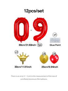 12pcs/Set Red & Gold Birthday Balloon Set – Includes 32-Inch Red Number Balloons 0-9, Mini Gold Crown Balloons, 10-Inch Gold & 10-Inch Metallic Gold Latex Balloons – Suitable For Casino Theme Birthday Party Decoration - Red Numbers - View 2