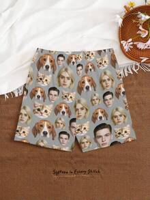 1 pieza Pantalones cortos con estampado facial personalizado: Lleva a tus seres queridos (y mascotas) contigo, el regalo talla grande único - Gris - Ver 4