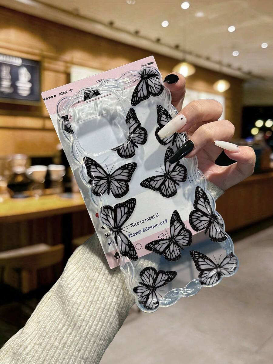 蝴蝶图案彩绘编织波浪边极简高端TPU彩绘防摔手机壳，兼容 17 Pro/17 Air/17/17 Pro Max、16/11/16 Pro/16 Plus/16 Pro Max/16 e/15 Pro Max/13/14/12/XS/XR/7G/8 Plus/XR/7/8；彩绘TPU防摔软壳，兼容 15 Pro Max、13、14、12、X、14；波浪边彩绘TPU防摔软壳 - 彩色 - 查看 1