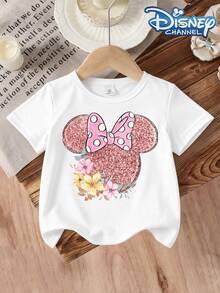Minnie Mouse With Flowers The Floral Pattern Disney Summer Girls Round Neck Short Sleeved Baby Tops Are Suitable For Daily Wear Comfortable And Breathable And Fashionable And Versatile They Are The Perfect Gift For Children - 白色 - 查看 2