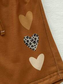 2pcs/Set Girls' Casual Heart Print Decor Short Sleeve Top And Faux Drawstring Shorts Set, Spring/Summer - Apricot - View 8