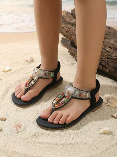 1 Pair Kids Summer Flat Sandals, Elastic Band Slip-On, Crystal Embellished Strap, Colorful Beaded Decor, Fashion New Style Thong Sandals, Suitable For Beach & Vacation, Bead Colors Randomly Arranged