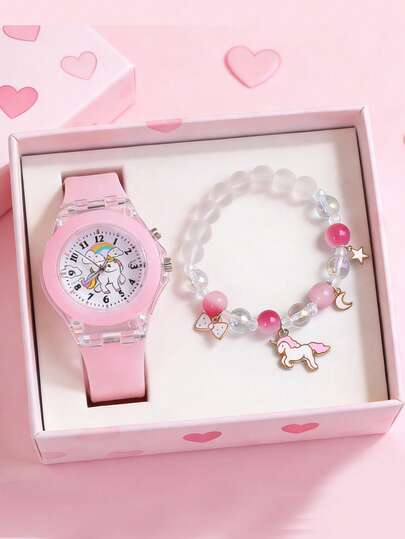 2pcs/Set Girls' Children Luminous Watch - Luminous Watch Cartoon Unicorn Quartz Watch And Beaded Unicorn Bracelet (No Box)