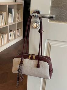 1pc Solid Color Women Underarm Bowling Bag, PU Woven Patchwork Design, Minimalist Chic, Versatile For Daily, Travel, Commute, Comes With Decorative Accessory - Brown - View 4