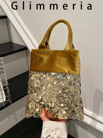 优雅小众设计天鹅绒亮片手提包，女士新款复古时尚百搭托特包
