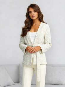 Áo khoác blazer dài tay, thanh lịch, thoải mái, có họa tiết, thắt nơ phía trước, thời trang. - trắng - Xem 4