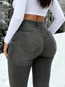 Y2K Style High Waist Light Blue Denim Jeans, Cropped Length, Slim Fit Skinny Pants, Flattering Silhouette, Suitable For Spring/Summer, Holidays, Festivals, Casual Denim Outfits, Jeans, Trousers, Outings, Women's Denim Jeans, Women's Denim Outfits, Women's Denim Pants, Curve-Hugging - 灰色 - 查看 5