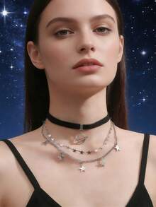 1 pieza Collar con colgante de estrella metálica de varias capas hecho a mano, color plateado - Plateado - Ver 12