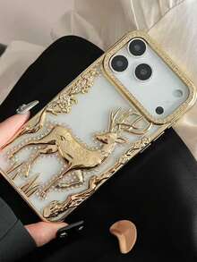 1pc Fashionable Electroplated 3D Rhinestone Deer Pattern Shockproof Phone Case Compatible With Apple 17 Pro Max, 16, 15, 14, 13, 12, 11 Series - Champagne - View 3