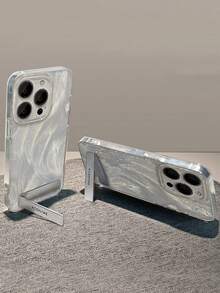 1 pieza Funda de teléfono de gasa con pluma plateada de cobertura completa + Soporte de metal 3D, compatible con iPhone 11/12/13/14/15/16/17/Pro Max - Plateado - Ver 2