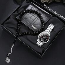 3pcs Men's Classic Casual Low-Key Stylish Watch, Beaded Bracelet, Wallet Combination Set - The Perfect Gift For Father, Husband, Boyfriend To Express Love And Care, Cherish Precious Moments - Silver - View 9