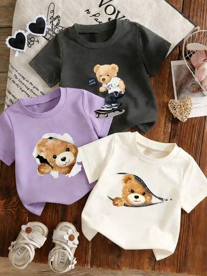 3件套男婴印花短袖T恤套装，休闲幼儿夏季上衣，适合玩耍