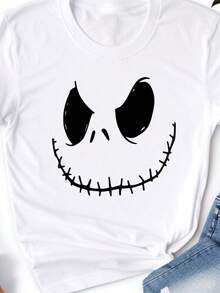 Valentine's Day DisneySs Nightmare Before Christmas Jack Sally Printed Women's Casual T-Shirt Spring Summer Girls Plus Size Cotton Clothing - 黑與白 - 查看 1