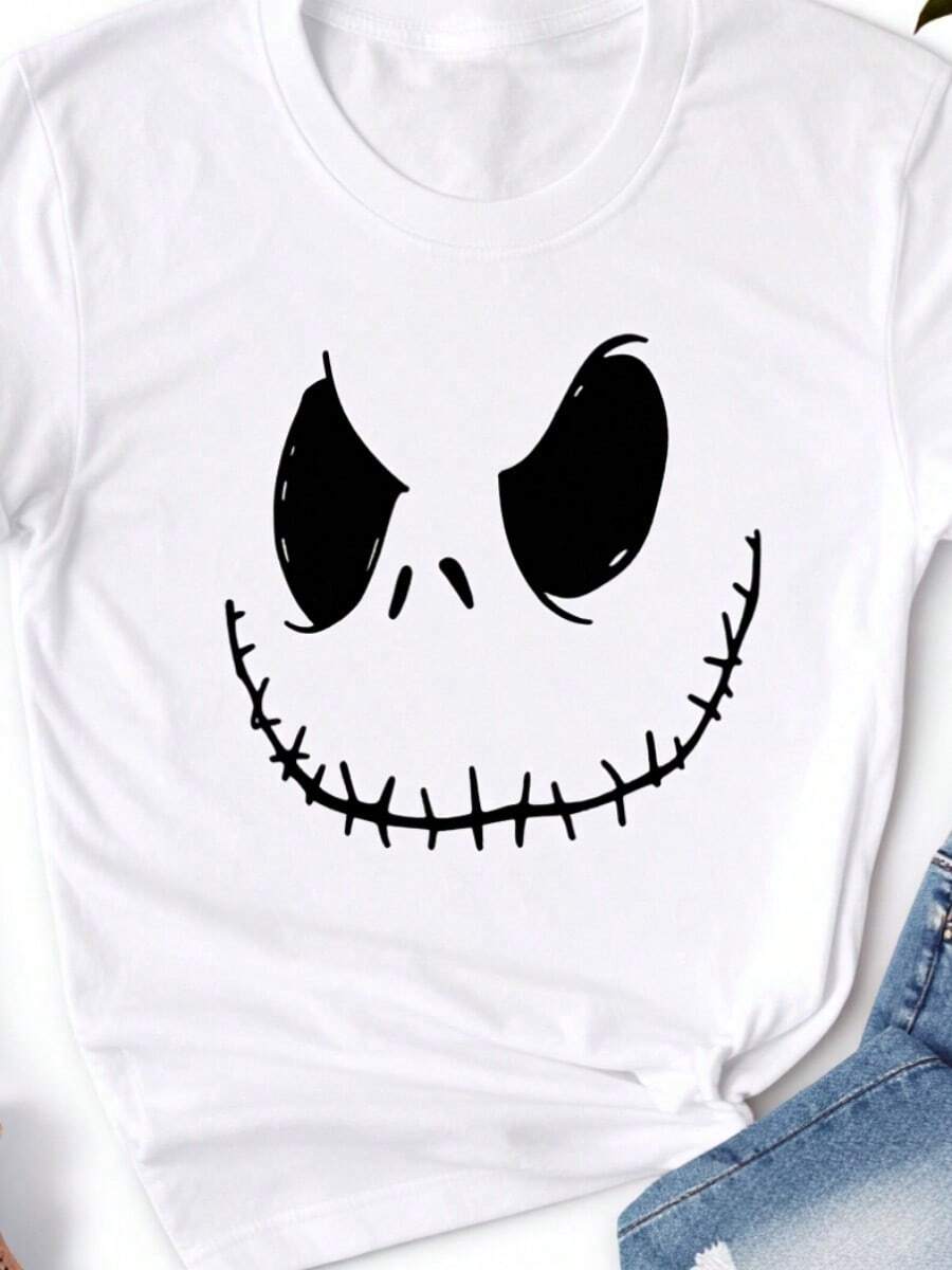 Valentine's Day DisneySs Nightmare Before Christmas Jack Sally Printed Women's Casual T-Shirt Spring Summer Girls Plus Size Cotton Clothing - 黑與白 - 查看 1