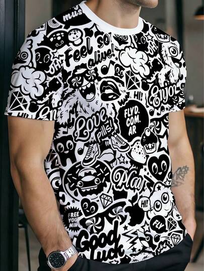 Allover Print Short Sleeve T-Shirt, With Dense Hand-Drawn Doodle Elements As The Core, Integrating Faces, Hearts, Stars And Playful Text, Creating A Vibrant Visual Atmosphere. The Casual Lines And Striking Black And White Collision Convey A Carefree Street Attitude, And The Allover Print Design Enhances The Overall Enveloping And Immersive Feel. Suitable For Wearers Pursuing Individuality And Fun, Whether For Daily Outings Or Gatherings, It Can Easily Create An Eye-Catching Yet Stylish Visual Effect, A Versatile Item With Both Attributes And Playful Spirit.