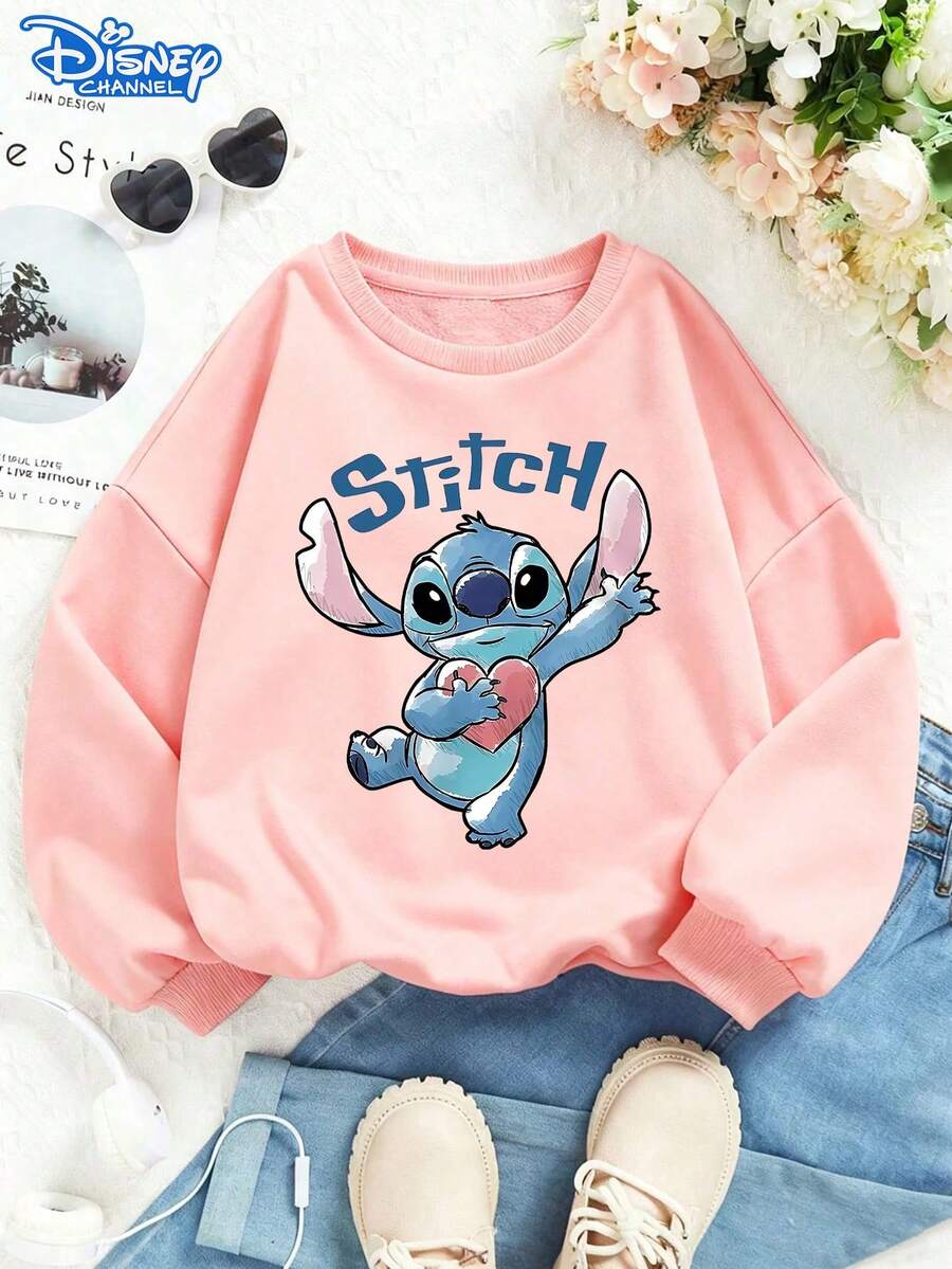 Official Disney Merch, Lilo & Stitch "Heart Wave" Sweatshirt, Bold Print, Classic Crewneck, Relaxed Fit, Great Gift For Fans, Unisex - 粉色 - 查看 1