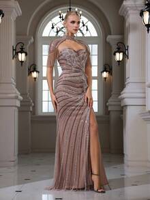 亮片刺绣流苏3D花朵优雅性感修身开衩晚礼服 / 适合婚礼、鸡尾酒会、宴会和派对 - 卡其色 - 查看 6