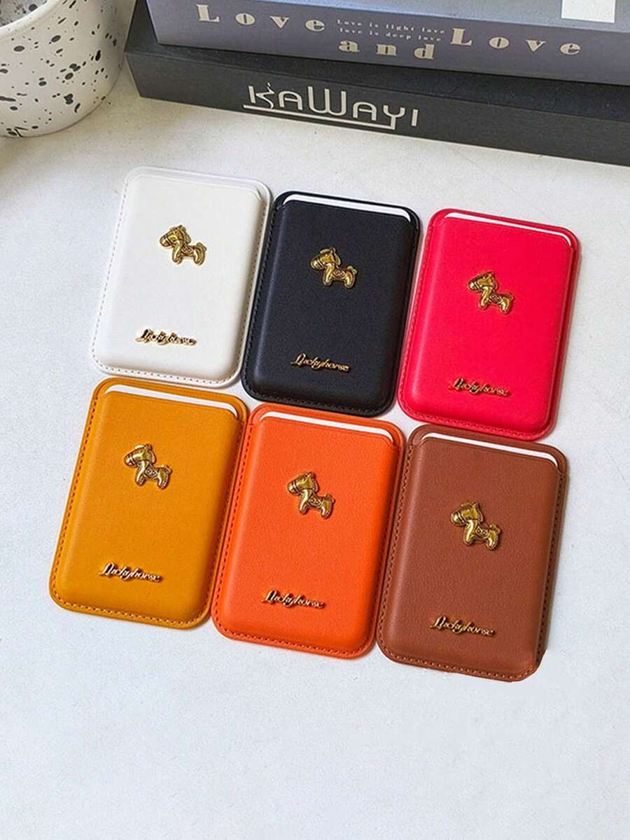1pc PU Leather Magnetic Card Holder With 3D Metal Horse Design, Magnetic Adhesive Card Pouch Compatible With Iphone 12 13 14 15 16 17 Series Phone Cases - Multicolor - View 1
