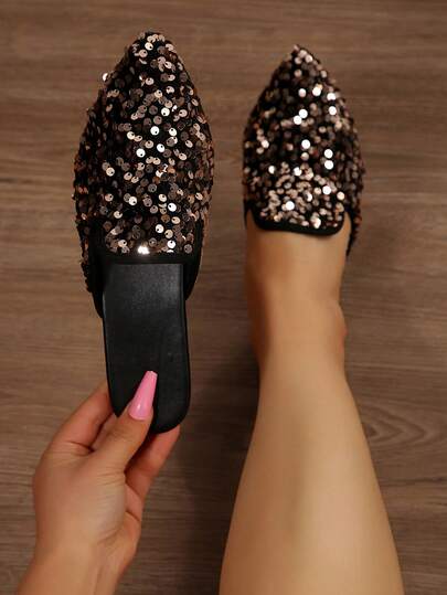 Wide Fit Women's Solid Color Pointed Toe Casual Slip-On Shoes, Fashion Peep Toe Slides For Daily Wear, Glitter Soft Sole Big Size Shoes, Brown, Spring/Autumn