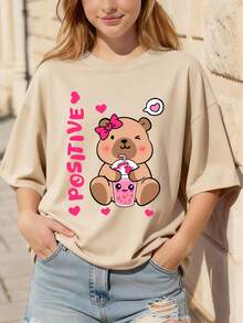 Capybara And Guinea Pig Print T-Shirt For Teen Girls, Casual Loose Fit Short Sleeve Tee, Round Neck, Perfect Summer Gift, Suitable For School And Outings, St. Patrick''s Day - Apricot - View 7