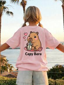 Tween Girls' Casual Pink Graphic Print Crew Neck Short Sleeve T-Shirt, Summer Top - Pink - View 11