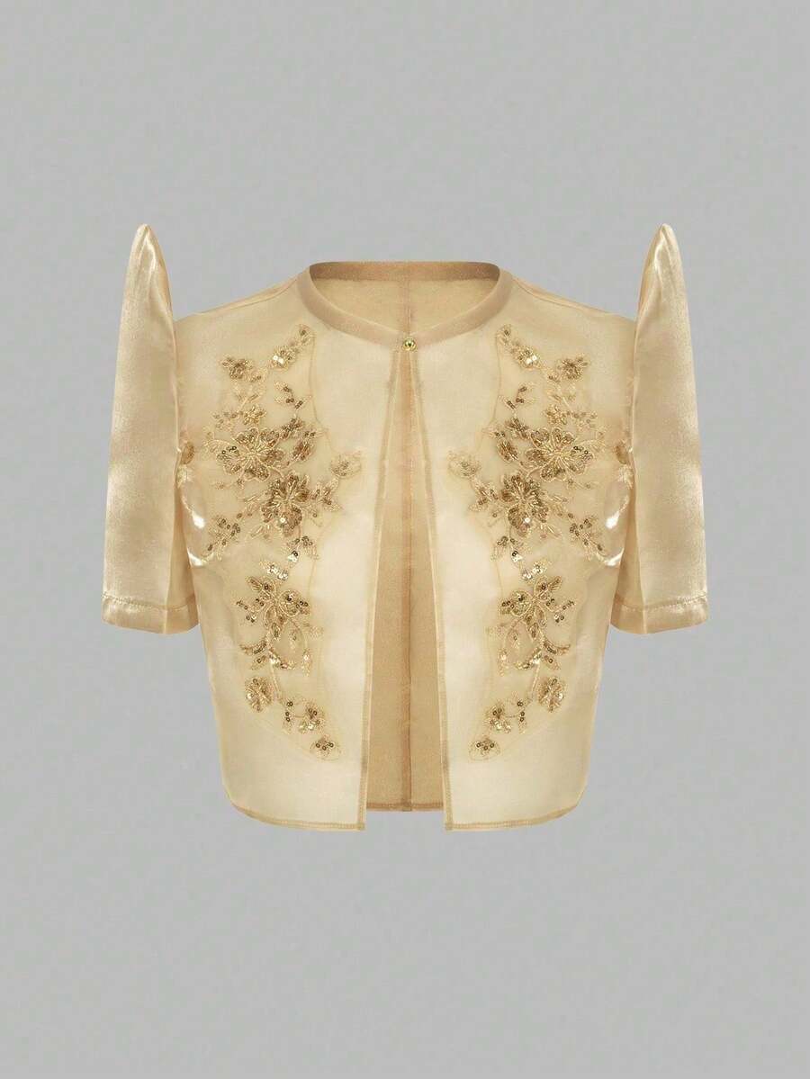 Women's Romantic Embroidered Patchwork Cardigan Top - Gold - View 1