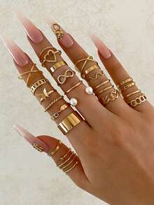 22件套女士金色叠戴戒指套装 - 蝴蝶爱心无限符号珍珠链波浪时尚指环，适合日常和派对佩戴 - 愛心珍珠22件 - 查看 5