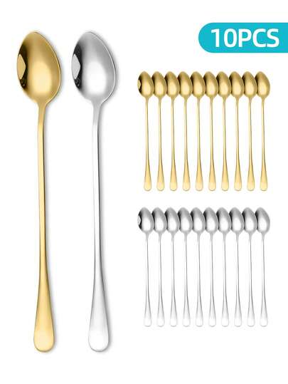 10pcs Stainless Steel Long Handle Coffee Spoons, Dessert Spoons, Mixing Spoons, Iced Tea Spoons, Mirror Polished, Washable, Suitable For Tea, Coffee, Ice Cream, Cocktail, Dessert, Smoothie, Yogurt, Afternoon Tea, Beverages, Suitable For Home, Kitchen, Restaurant, Cafe, Bar, Party, Holiday, School Supplies, Kitchen Accessories (Gold/Silver)