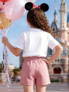 2-Piece Disney Princesses Bow Print Set: White T-Shirt And Pink Shorts. Featuring Fun And Creative Design, It Is A Summer Casual Girls' Outfit Suitable For School And Outings. - 白色+粉紅色 - 查看 2