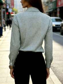Camisa de manga larga con cuello y botones, de corte regular y tela no elástica, con estampado de cuadros, para primavera - verde menta - Ver 3