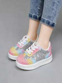 1 Pair 2026 New Rainbow Rhinestone Kids' Sneakers: Girls' Shiny Casual Shoes With Rhinestone Inlaid Rainbow Gradient Shoe Upper - Gold - View 1