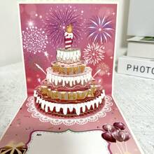 3D Pop-Up Birthday Greeting Card, Handmade With Unique Design Featuring Birthday Cake, Candles And Fireworks Patterns, Made Of High-Quality Paper. An Ideal Thoughtful Gift For Friends, Family And Colleagues. - 1 Piece - Fireworks Pink - View 1