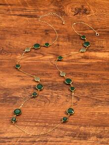 1pc Elegant Elongated Gemstone Necklace, Bohemian Luxury Women's Sweater Chain, Versatile For Daily Wear, Party, Wedding Gift - Green - View 4