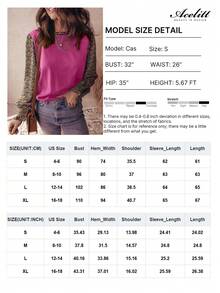 Acelitt Women's Autumn Floral Print Puff Sleeve Patchwork Knit Crew Neck Sweater, Dark Green - Hot Pink - View 3