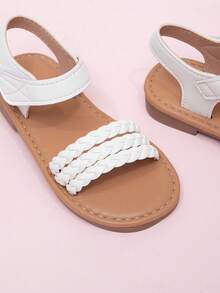 1 Pair Summer Party & Wedding Cute Striped Woven Hook And Loop Princess Style Lace Flat Sandals For Toddler Girls - White - View 3