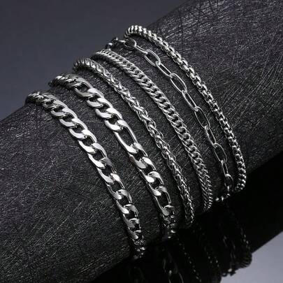 6pcs Stainless Steel Bracelet Set, Chain Bracelets For Men And Women
