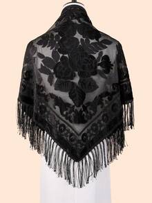 1pc Women's Rose Jacquard Velvet Tassel Triangle Scarf, Fashionable & Elegant Ladies' Scarf, Versatile Shawl For Dance, Party, Holiday, Premium Women's Scarf - Black Rose Triangular Scarf - View 4