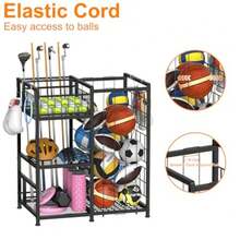 Sports Equipment Organizer with Elastic Cords and 4 Hooks Metal Garage Ball Organizer for Indoor Outdoor Ball Storage Rack with Basket for Sports Gear and Toys Black - Negro - Ver 5