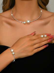 Shiny Gold Faux Pearl Jewelry Set, Elegant Crystal Necklace, Bracelet And Stackable Rings, Suitable For Date Night, Anniversary, Birthday Gift - 1318 Gold - View 5