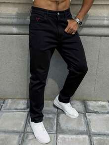 Men's Black Straight Leg Jeans, Casual College Street Style Minimalist Fashion, All Season - Black - View 2