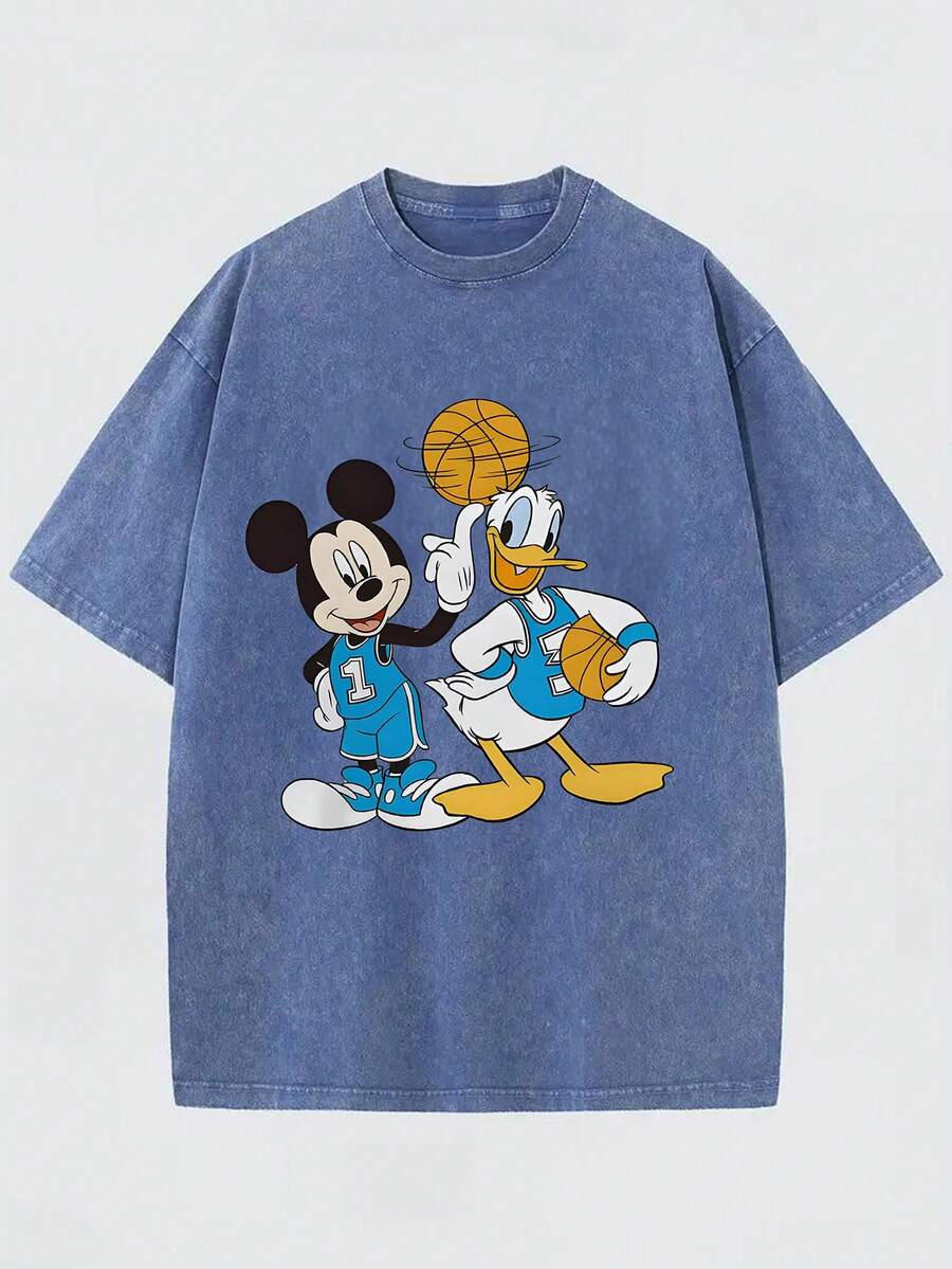 Disney Authorized-Mickey And Donald Duck Play Basketball On The Basketball Court -T- Shirt-Men's Fashion Washing Retro Printing High Quality - T-Shirt-Street Retro Style Round Neck And Short Sleeves - T-Shirt - 藍色 - 查看 1