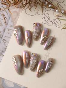 10pcs Press On Acrylic Nails Fake Nails Long Purple Nails Aurora Golden Leaves Pure Handmade Production Nails Long Nails Press On Nails Set Includes 1sheet Adhesive Tabs &1 Pc Mini File Handmade Press On Nails - Multicolor - View 1