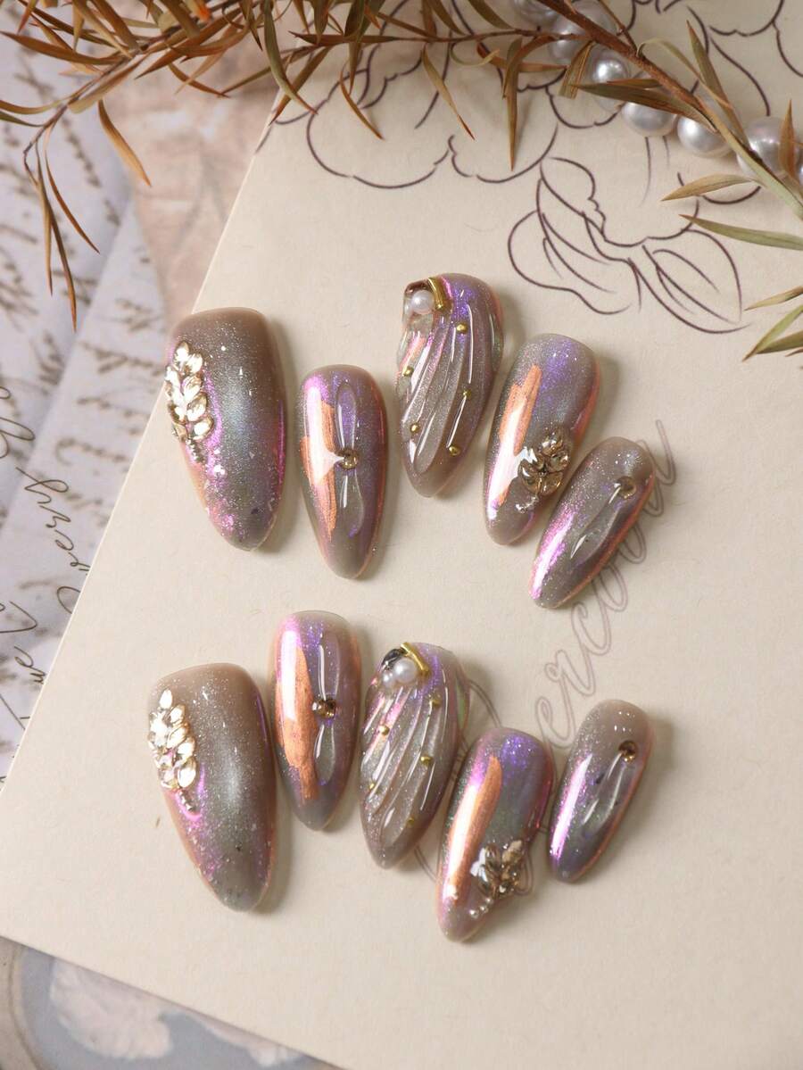 10pcs Press On Acrylic Nails Fake Nails Long Purple Nails Aurora Golden Leaves Pure Handmade Production Nails Long Nails Press On Nails Set Includes 1sheet Adhesive Tabs &1 Pc Mini File Handmade Press On Nails - Multicolor - View 1