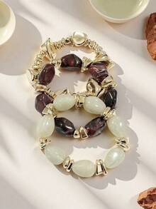 Set de 3 piezas de pulseras estilo vintage bohemio, pulseras de cuentas de acrílico marrón de múltiples capas gruesas, unisex, adecuadas para fiestas y uso diario, de lujo y alta gama - Pulsera de cuentas marrones - Ver 5