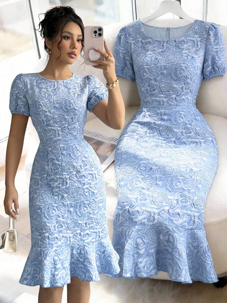 2026 玫瑰优雅梭织面料拉链提花连衣裙，适合海滩、晚宴、约会、度假、派对等场合。 - 淺藍色 - 查看 1