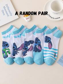 5 Pairs Disney Stitch & Mickey Mouse Printed Ankle Socks, Breathable & Comfortable Summer Invisible Socks, Novelty & Fashionable Women Socks - Multicolor - View 13
